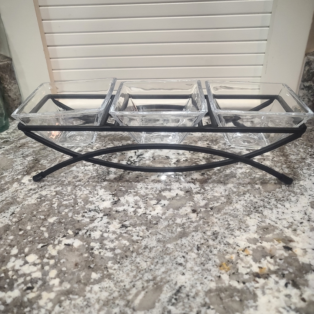 Glass Trio Serving Bowls with Black Metal Stand - Home Party Essential